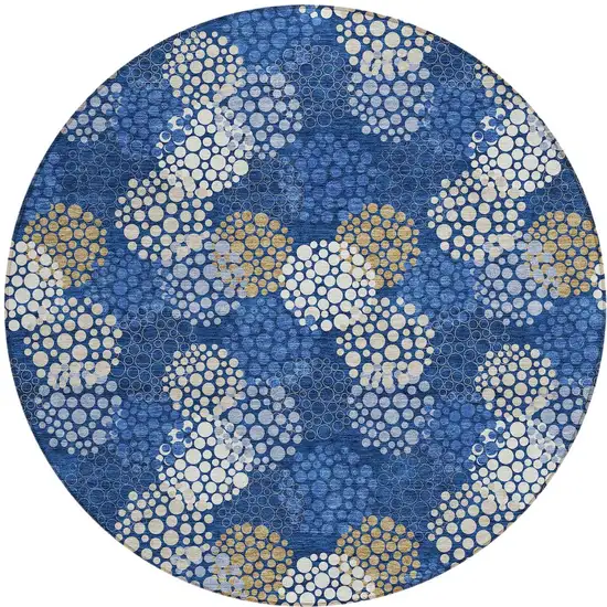 8' Navy Blue Brown And Ivory Round Polka Dot Washable Indoor Outdoor Area Rug Photo 6