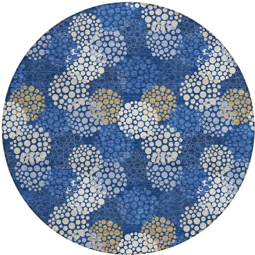 8' Navy Blue Brown And Ivory Round Polka Dot Washable Indoor Outdoor Area Rug Photo 6