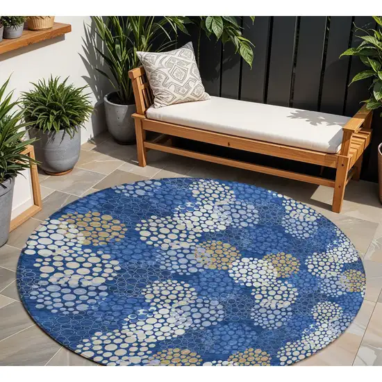 8' Navy Blue Brown And Ivory Round Polka Dot Washable Indoor Outdoor Area Rug Photo 1
