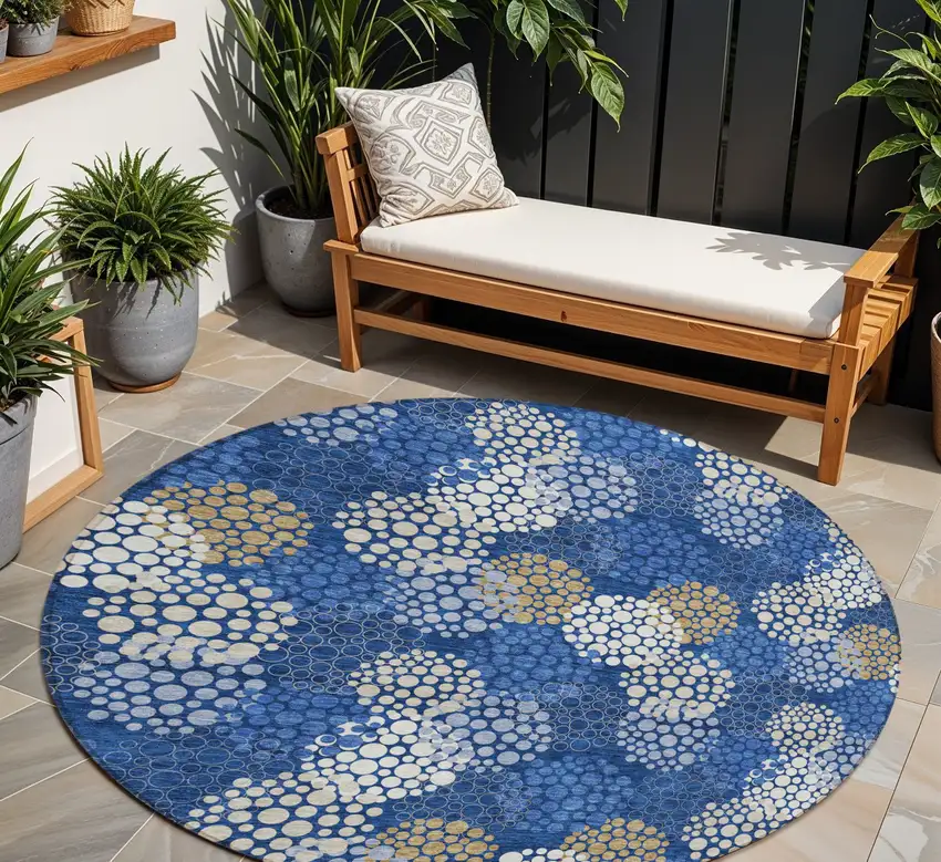 8' Navy Blue Brown And Ivory Round Polka Dot Washable Indoor Outdoor Area Rug Photo 1