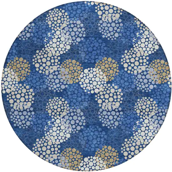 8' Navy Blue Brown And Ivory Round Polka Dot Washable Indoor Outdoor Area Rug Photo 2