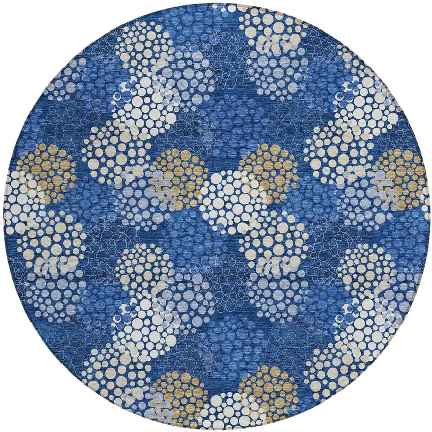 8' Navy Blue Brown And Ivory Round Polka Dot Washable Indoor Outdoor Area Rug Photo 2