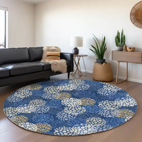 8' Navy Blue Brown And Ivory Round Polka Dot Washable Indoor Outdoor Area Rug Photo 8