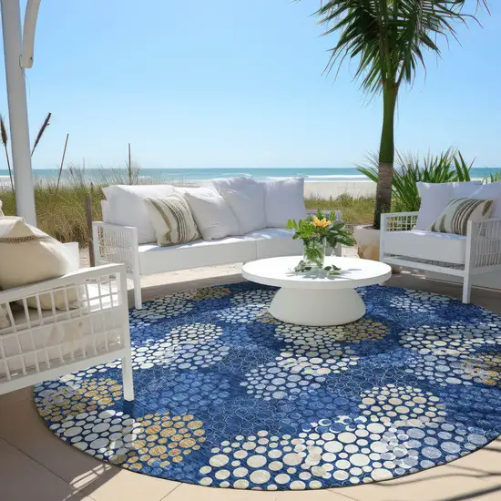 8' Navy Blue Brown And Ivory Round Polka Dot Washable Indoor Outdoor Area Rug Photo 7