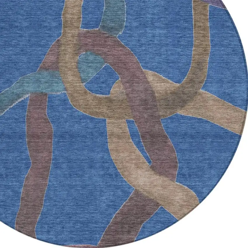 8' Navy Blue Brown And Mauve Round Abstract Washable Indoor Outdoor Area Rug Photo 2