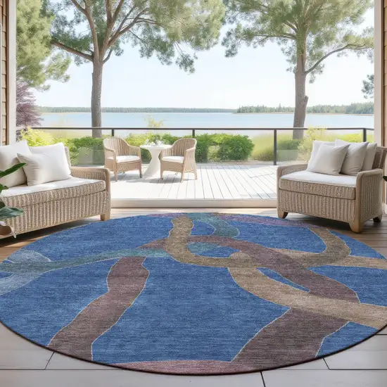 8' Navy Blue Brown And Mauve Round Abstract Washable Indoor Outdoor Area Rug Photo 4