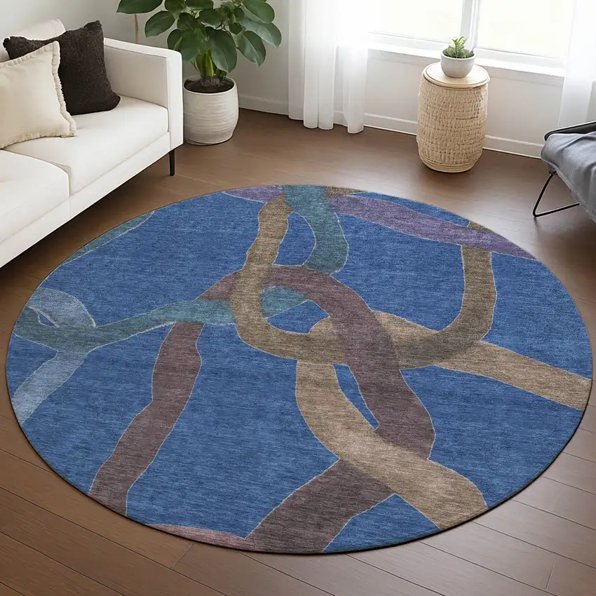 8' Navy Blue Brown And Mauve Round Abstract Washable Indoor Outdoor Area Rug Photo 5