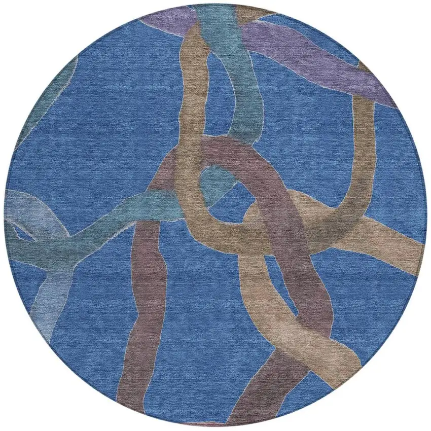 8' Navy Blue Brown And Mauve Round Abstract Washable Indoor Outdoor Area Rug Photo 3