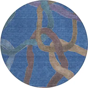 Photo of 8' Navy Blue Brown And Mauve Round Abstract Washable Indoor Outdoor Area Rug