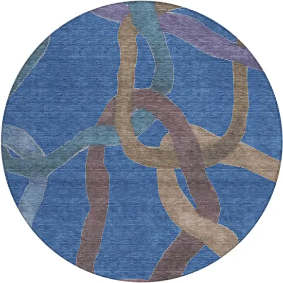 8' Navy Blue Brown And Mauve Round Abstract Washable Indoor Outdoor Area Rug Photo 1