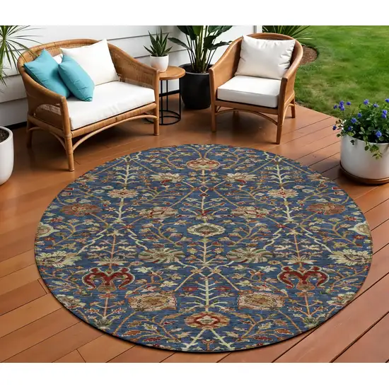 8' Navy Blue Brown And Red Round Floral Washable Indoor Outdoor Area Rug Photo 1