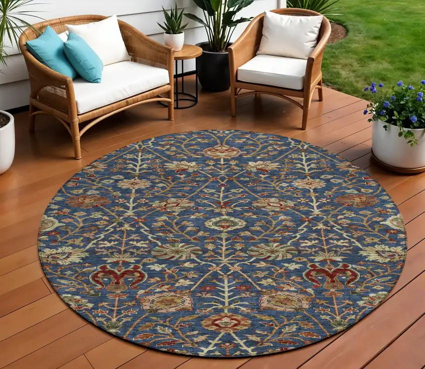 8' Navy Blue Brown And Red Round Floral Washable Indoor Outdoor Area Rug Photo 1