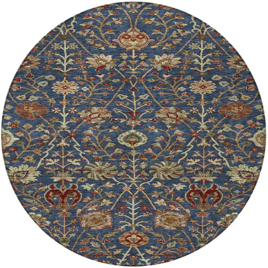 8' Navy Blue Brown And Red Round Floral Washable Indoor Outdoor Area Rug Photo 6