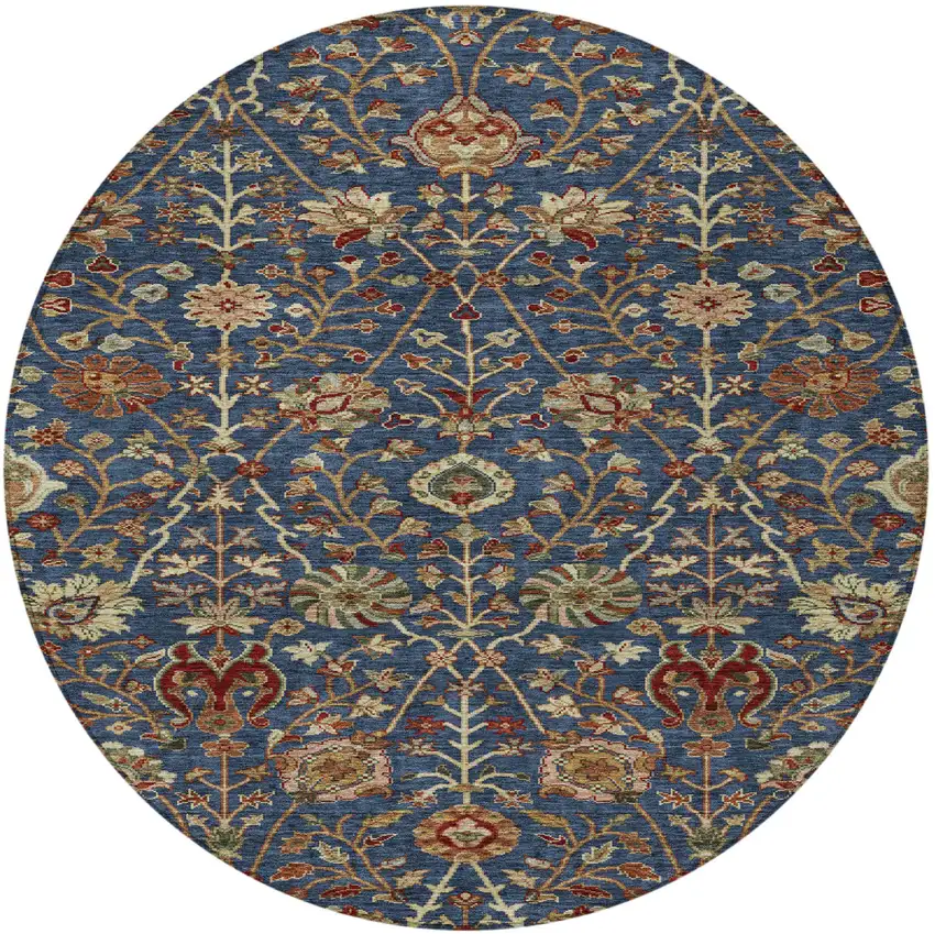 8' Navy Blue Brown And Red Round Floral Washable Indoor Outdoor Area Rug Photo 6