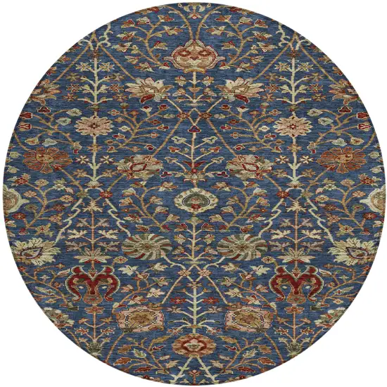 8' Navy Blue Brown And Red Round Floral Washable Indoor Outdoor Area Rug Photo 2