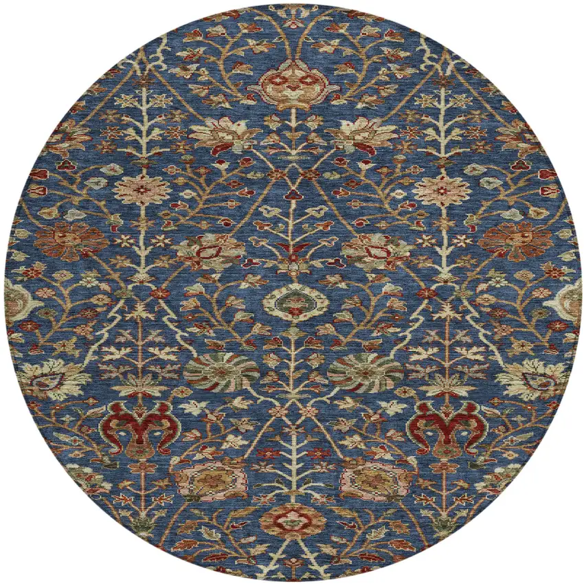 8' Navy Blue Brown And Red Round Floral Washable Indoor Outdoor Area Rug Photo 2