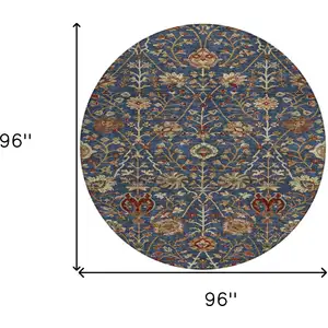 Photo of 8' Navy Blue Brown And Red Round Floral Washable Indoor Outdoor Area Rug