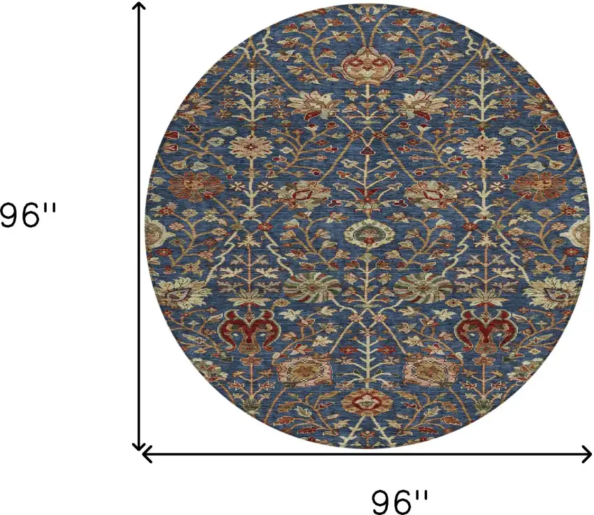 8' Navy Blue Brown And Red Round Floral Washable Indoor Outdoor Area Rug Photo 9