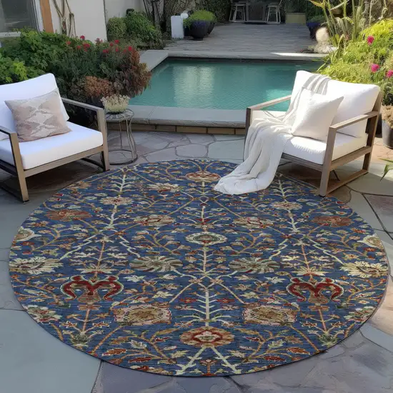 8' Navy Blue Brown And Red Round Floral Washable Indoor Outdoor Area Rug Photo 7