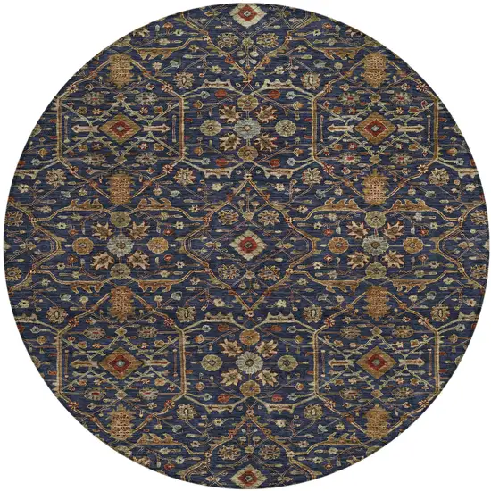 8' Navy Blue Brown And Red Round Floral Washable Indoor Outdoor Area Rug Photo 2