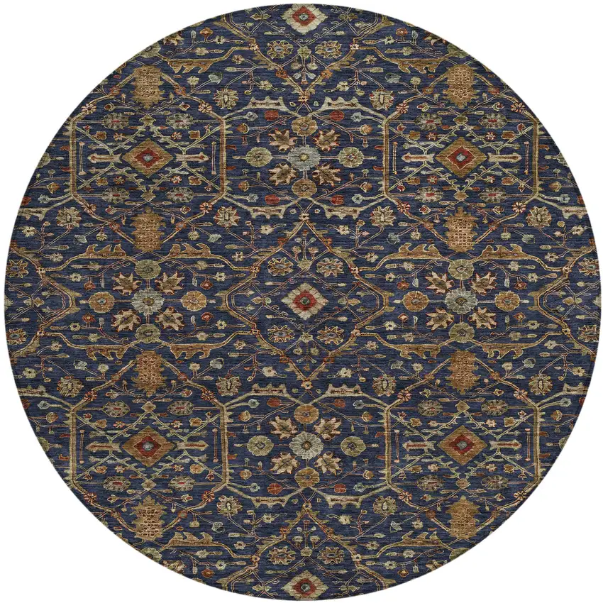 8' Navy Blue Brown And Red Round Floral Washable Indoor Outdoor Area Rug Photo 2