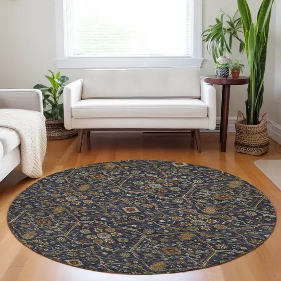 8' Navy Blue Brown And Red Round Floral Washable Indoor Outdoor Area Rug Photo 9