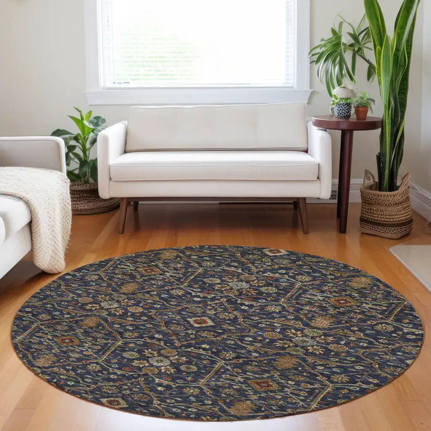 8' Navy Blue Brown And Red Round Floral Washable Indoor Outdoor Area Rug Photo 9