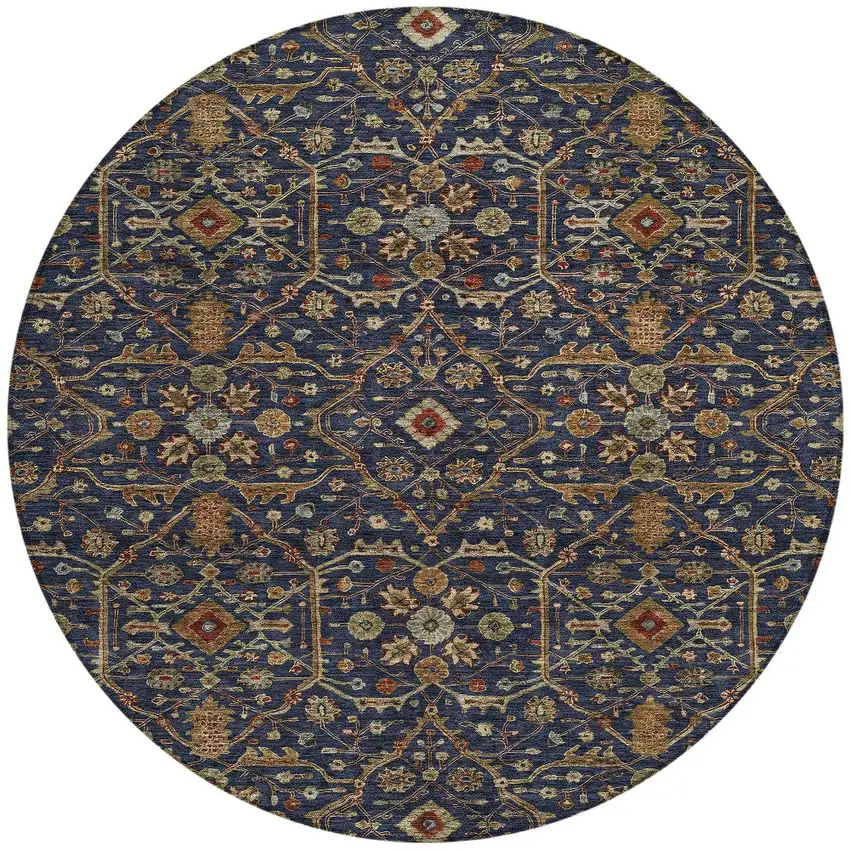 8' Navy Blue Brown And Red Round Floral Washable Indoor Outdoor Area Rug Photo 7