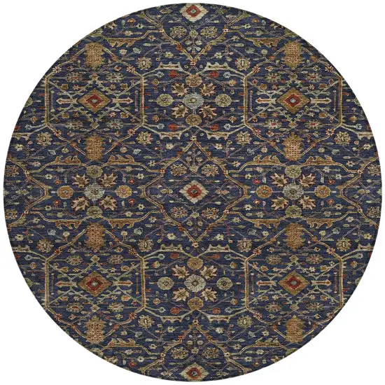 8' Navy Blue Brown And Red Round Floral Washable Indoor Outdoor Area Rug Photo 7