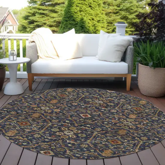 8' Navy Blue Brown And Red Round Floral Washable Indoor Outdoor Area Rug Photo 8
