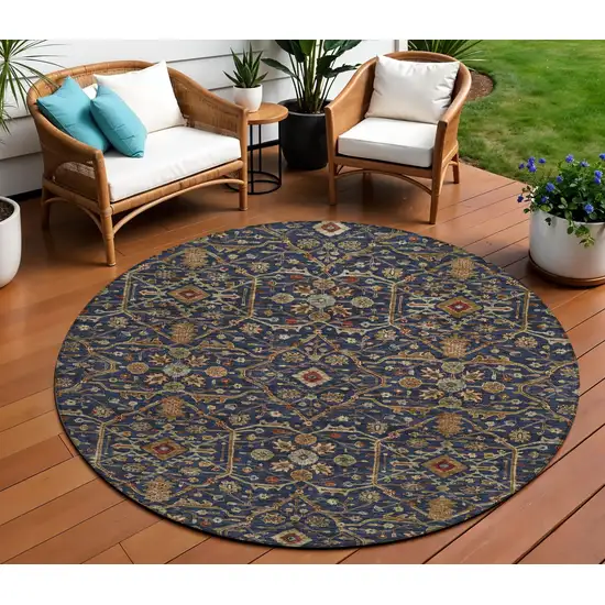 8' Navy Blue Brown And Red Round Floral Washable Indoor Outdoor Area Rug Photo 1