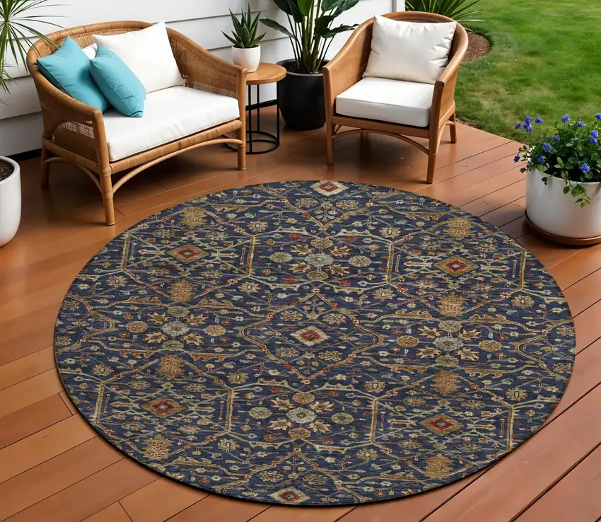 8' Navy Blue Brown And Red Round Floral Washable Indoor Outdoor Area Rug Photo 1