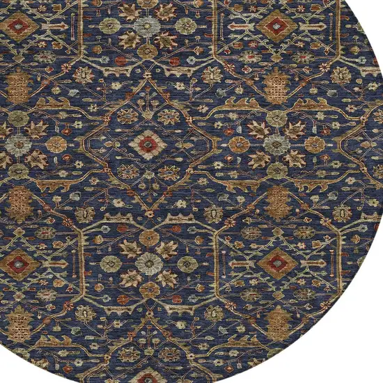8' Navy Blue Brown And Red Round Floral Washable Indoor Outdoor Area Rug Photo 6