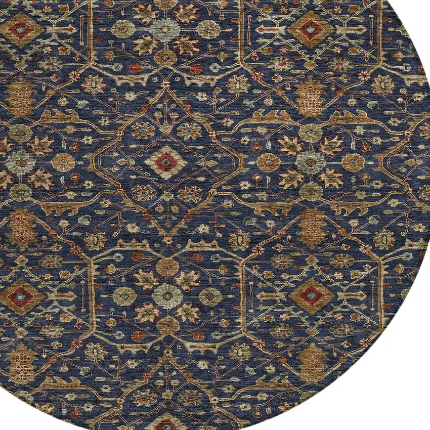 8' Navy Blue Brown And Red Round Floral Washable Indoor Outdoor Area Rug Photo 6