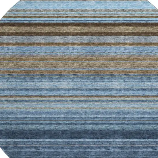 8' Navy Blue Brown And Taupe Striped Washable Round Rug With UV Protection Photo 2