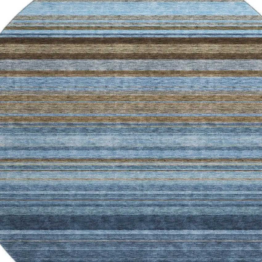 8' Navy Blue Brown And Taupe Striped Washable Round Rug With UV Protection Photo 2