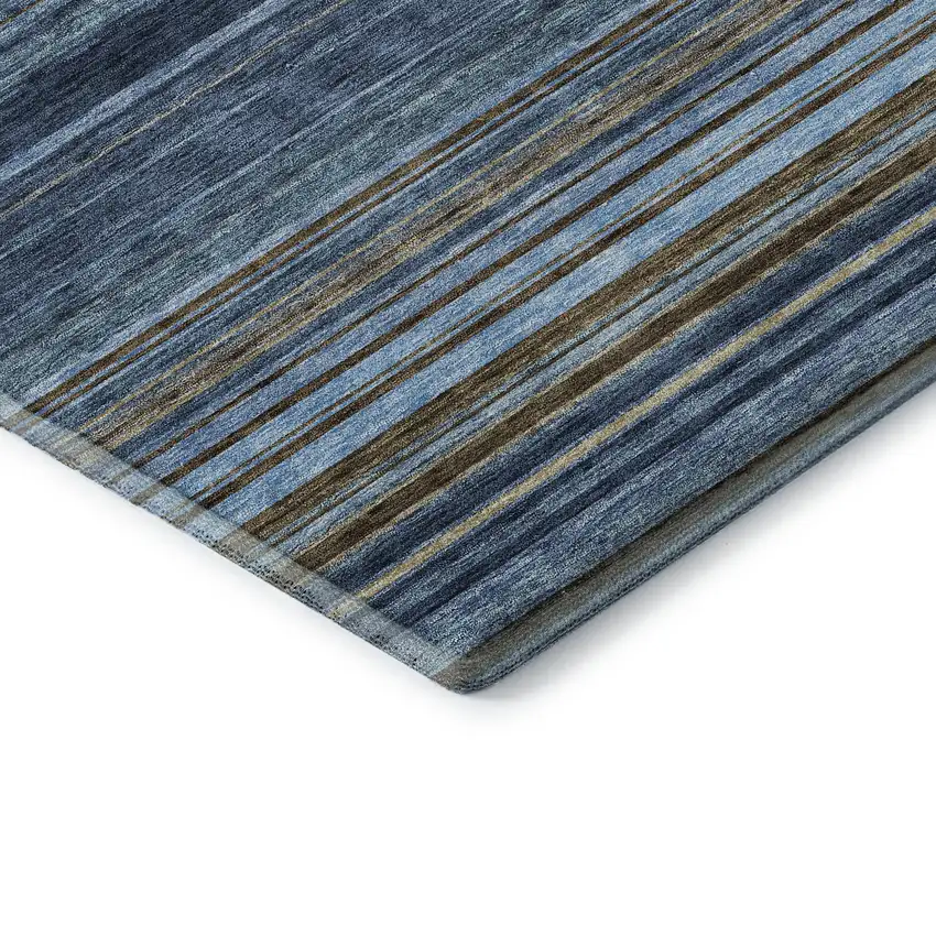 8' Navy Blue Brown And Taupe Striped Washable Round Rug With UV Protection Photo 6