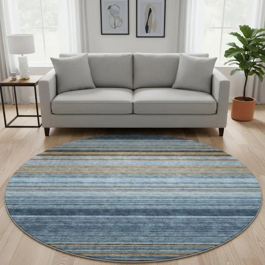 8' Navy Blue Brown And Taupe Striped Washable Round Rug With UV Protection Photo 2