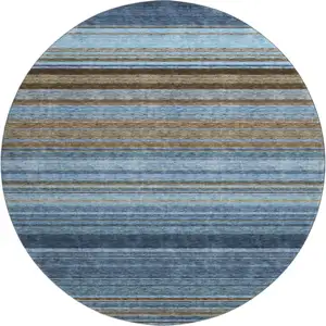 Photo of 8' Navy Blue Brown And Taupe Striped Washable Round Rug With UV Protection