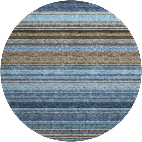 8' Navy Blue Brown And Taupe Striped Washable Round Rug With UV Protection Photo 1