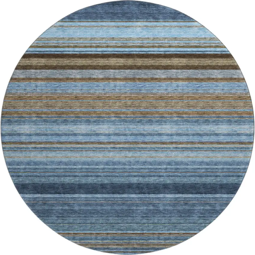 8' Navy Blue Brown And Taupe Striped Washable Round Rug With UV Protection Photo 1