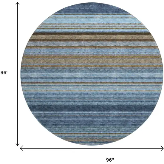 8' Navy Blue Brown And Taupe Striped Washable Round Rug With UV Protection Photo 9