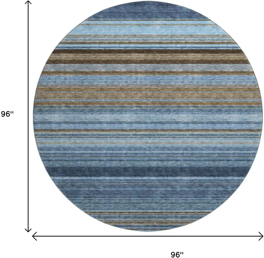 8' Navy Blue Brown And Taupe Striped Washable Round Rug With UV Protection Photo 9