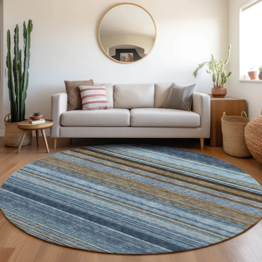 8' Navy Blue Brown And Taupe Striped Washable Round Rug With UV Protection Photo 4
