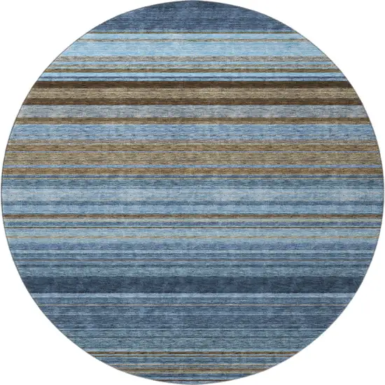 8' Navy Blue Brown And Taupe Striped Washable Round Rug With UV Protection Photo 3