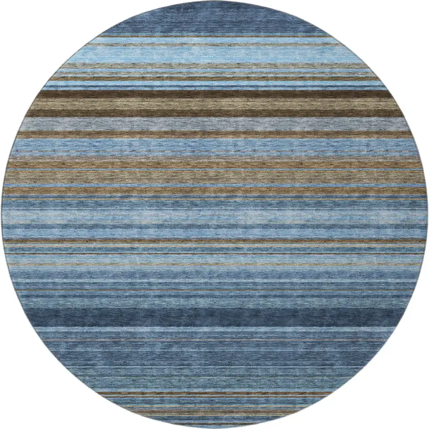 8' Navy Blue Brown And Taupe Striped Washable Round Rug With UV Protection Photo 3