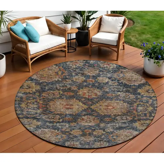 8' Navy Blue Brown And Terra Cotta Round Damask Washable Indoor Outdoor Area Rug Photo 1