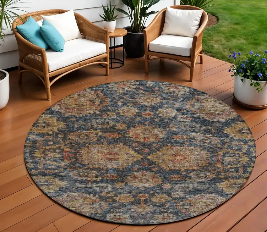 8' Navy Blue Brown And Terra Cotta Round Damask Washable Indoor Outdoor Area Rug Photo 1