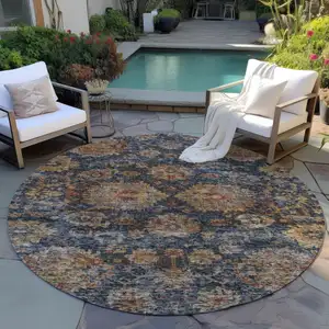 Photo of 8' Navy Blue Brown And Terra Cotta Round Damask Washable Indoor Outdoor Area Rug