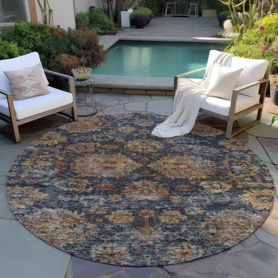 8' Navy Blue Brown And Terra Cotta Round Damask Washable Indoor Outdoor Area Rug Photo 7